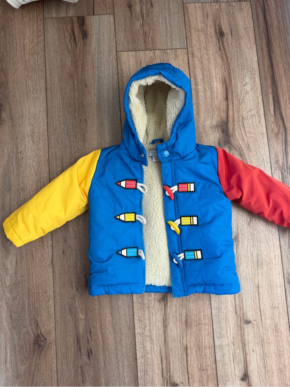 Stella McCartney Kids Blue Colorblock Hooded Puffer Jacket with Contrast Sleeves